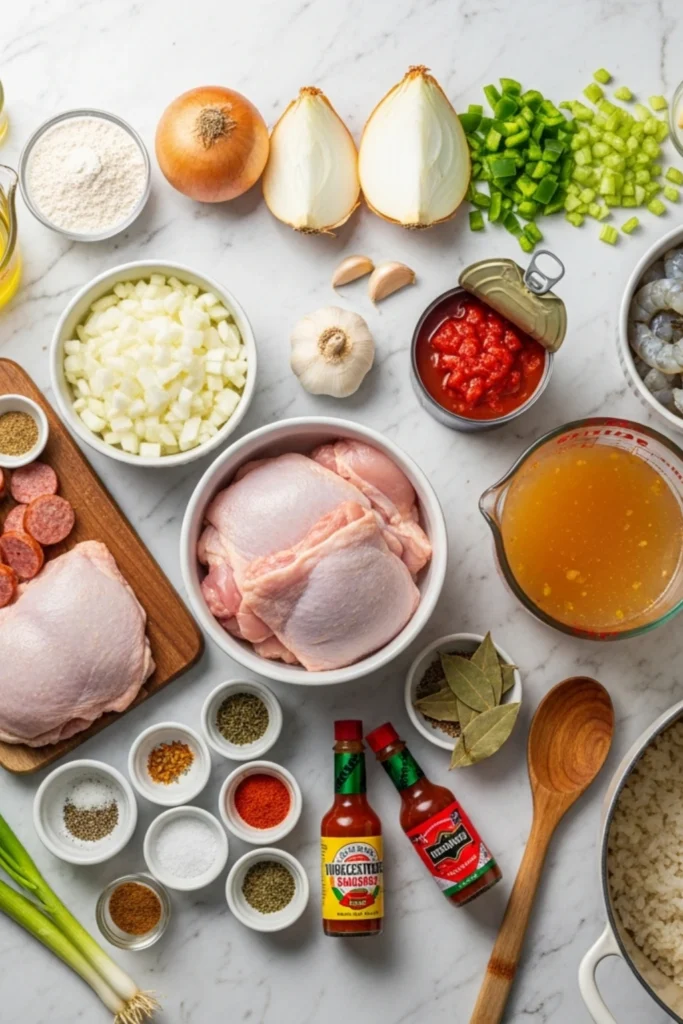One-Pot Gumbo Recipe Ready in Under 2 Hours 1 Photorealistic flat lay of Louisiana gumbo ingredients: chicken, andouille sausage, shrimp, trinity, roux, rice, and spices.