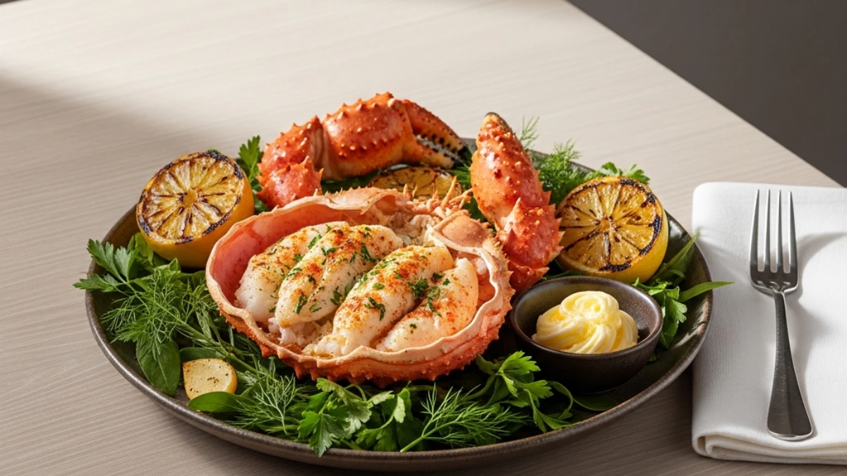 Luxury King Crab meat served in its shell, garnished with fresh dill, charred lemon halves, and a side of clarified butter on a dark plate.