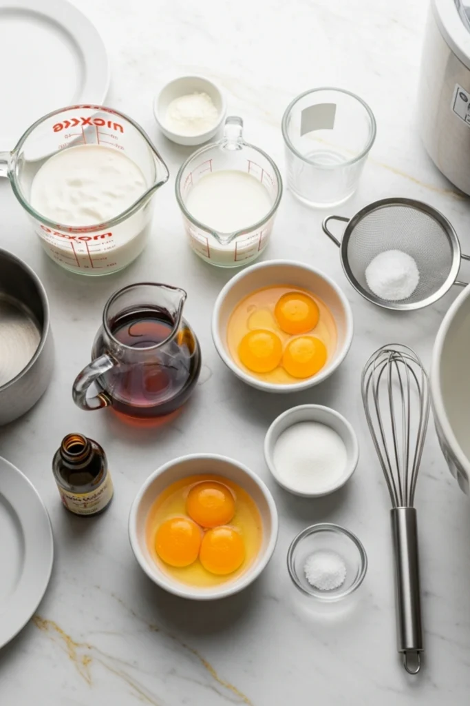 Creamy Vermont Maple Creemees Recipe in 30 Minutes 1 Maple creemee ingredients flat lay: pure maple syrup, heavy cream, egg yolks, and sugar prepped on marble next to a saucepan, whisk, and ice cream machine.