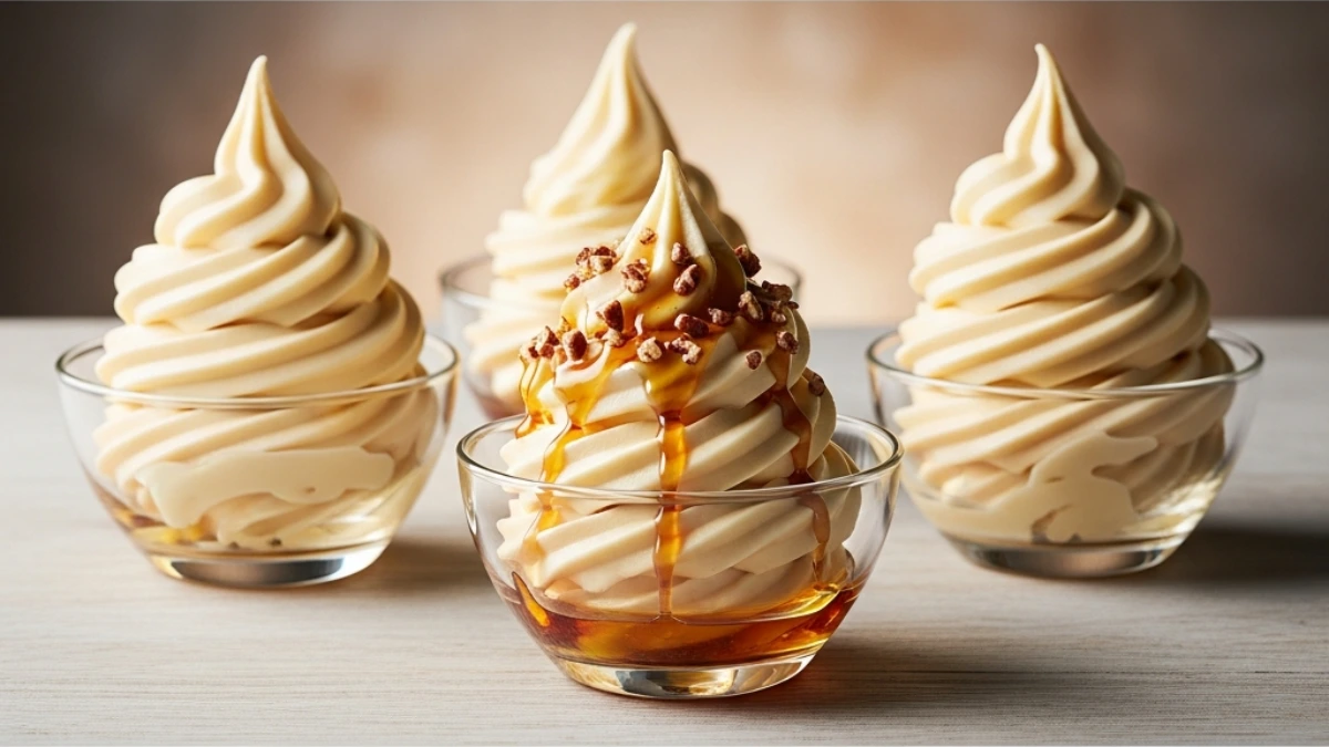 Four swirls of golden maple creemees soft serve in clear glass cups on wood, featuring a delicious scoop drizzled with maple syrup and crunchy nuts.