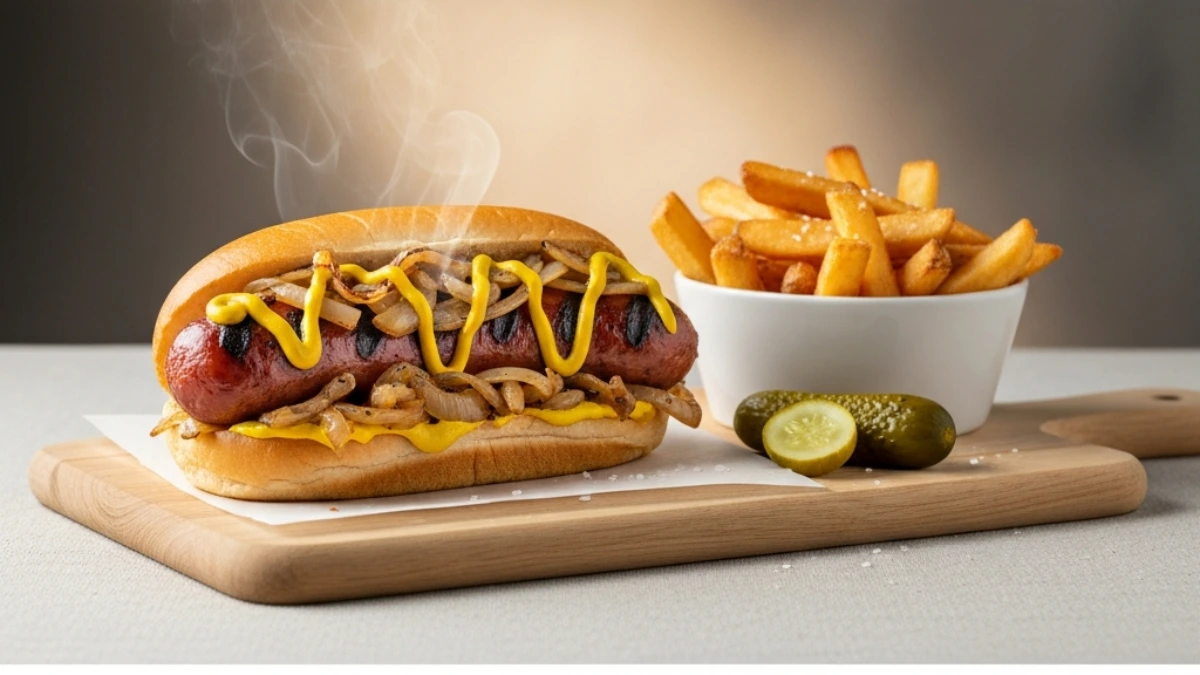 Steaming hot Maxwell Street Polish sausage with grilled onions, mustard, side of golden fries, and pickle spears on a cutting board.