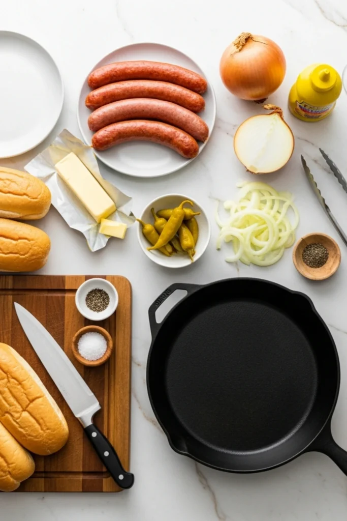 Sizzling Easy Maxwell Street Polish Recipe Ready in 30 Min 1 Top-down flat lay of Maxwell Street Polish ingredients: kielbasa, sliced onions, sport peppers, mustard, butter, rolls, and cast iron skillet.