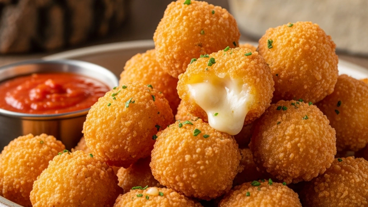 Piled golden fried cheese curds in a bowl served with marinara sauce. One cheese ball oozes melted white cheese in a rustic setting.