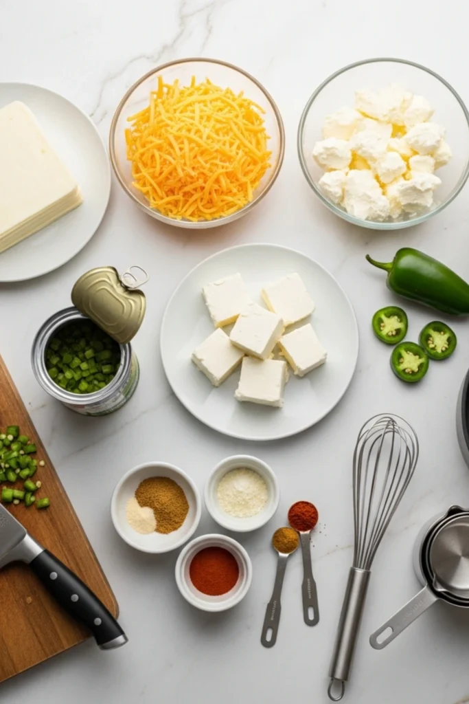 Silky Mexican Cheese Dip in 15 Minutes (Restaurant Secret) 1 Flat lay of homemade Mexican cheese dip ingredients: American, Monterey Jack, and cream cheese, milk, diced chiles, jalapeño, and spices on marble.