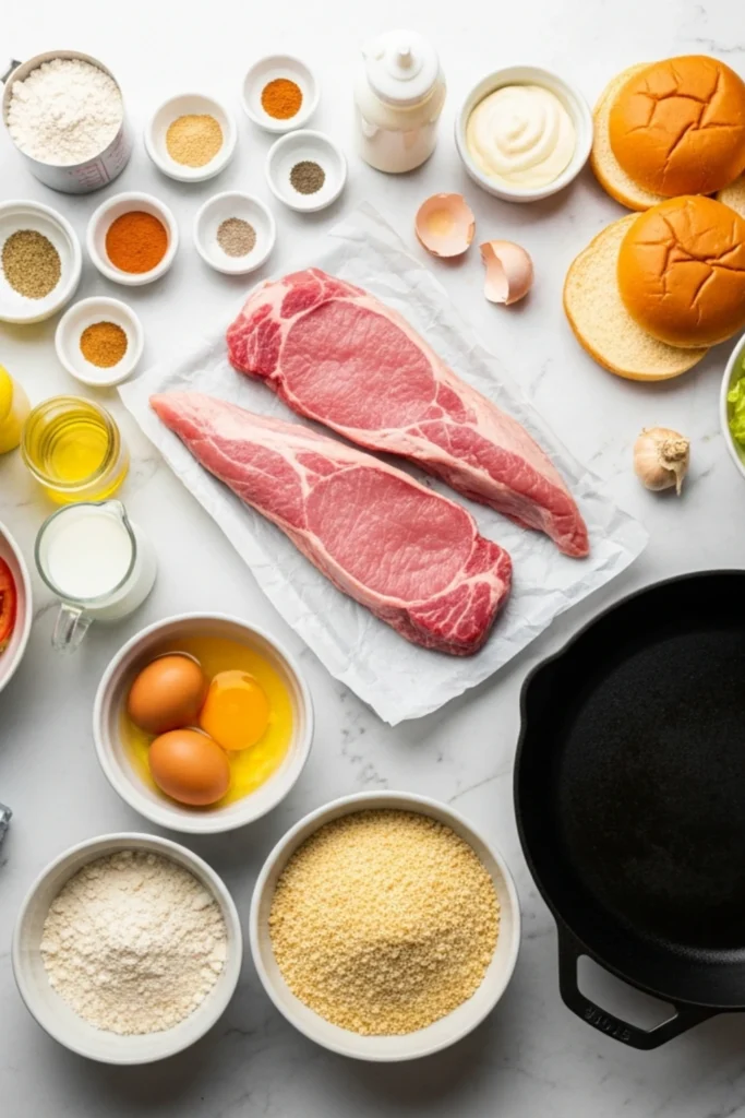 Crispy Breaded Pork Tenderloin Sandwich Recipe in 30 Min 1 Flat lay of ingredients and tools for classic breaded pork tenderloin sandwiches, featuring raw tenderloin, breading station, and toppings.