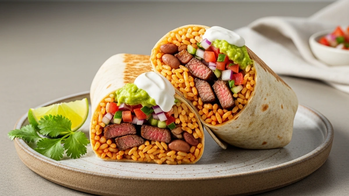 A large Mission-style steak burrito, sliced open to reveal rice, beans, fresh vegetables, guacamole, and sour cream on a modern plate.