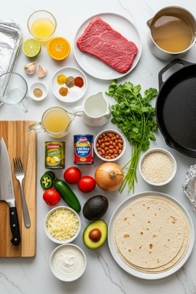 How to Make a Mission-Style Burrito That's Actually Worth the Calories 1 Mission-style steak burrito ingredients flat lay on marble: flank steak, spices, rice, beans, avocado, tortillas, cheese, cilantro, and cast iron skillet.