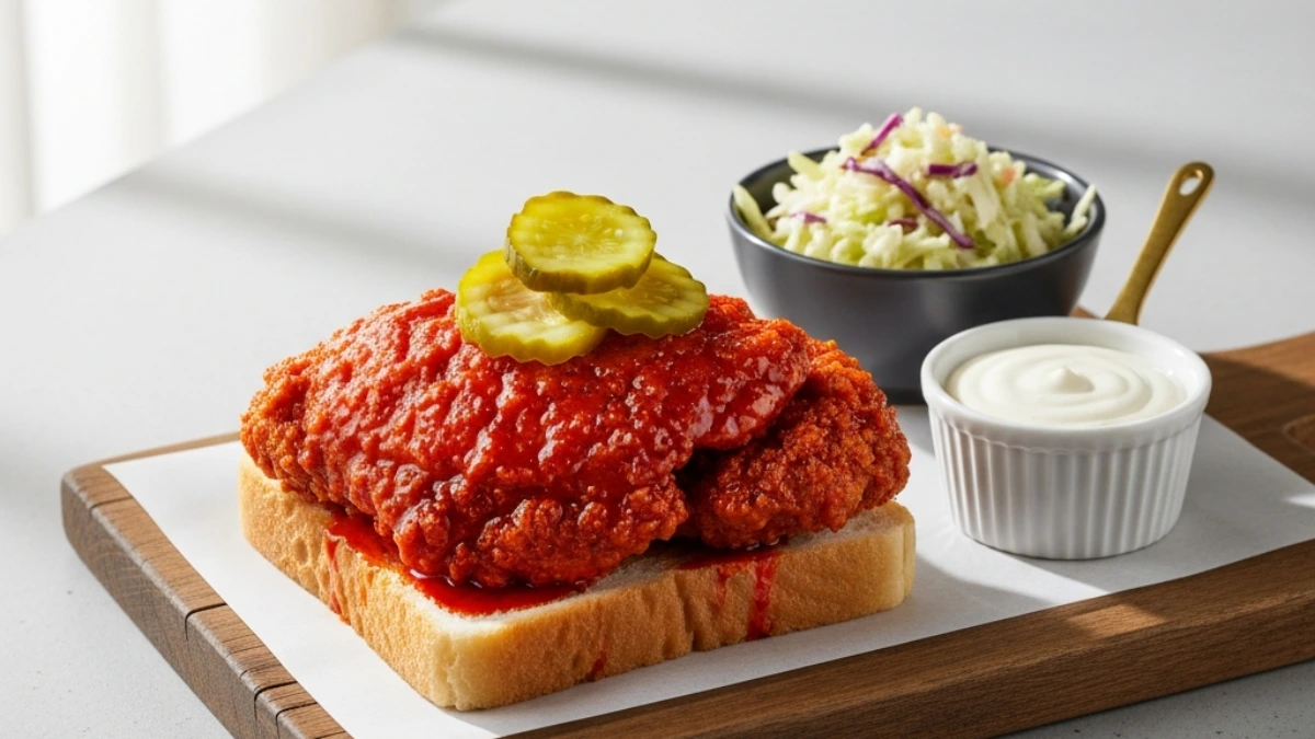 Nashville hot chicken filet on white bread, topped with pickles. Served alongside creamy coleslaw and a cool dipping sauce.