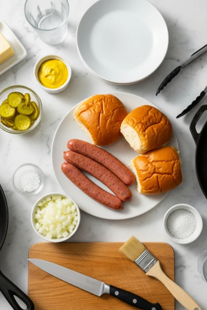Buttery New England Hot Dog Recipe Ready in 15 Minutes 1 Flat lay of hot dog ingredients: frankfurters, top-split buns, butter, mustard, relish, onion, pans on marble surface, food blog style.