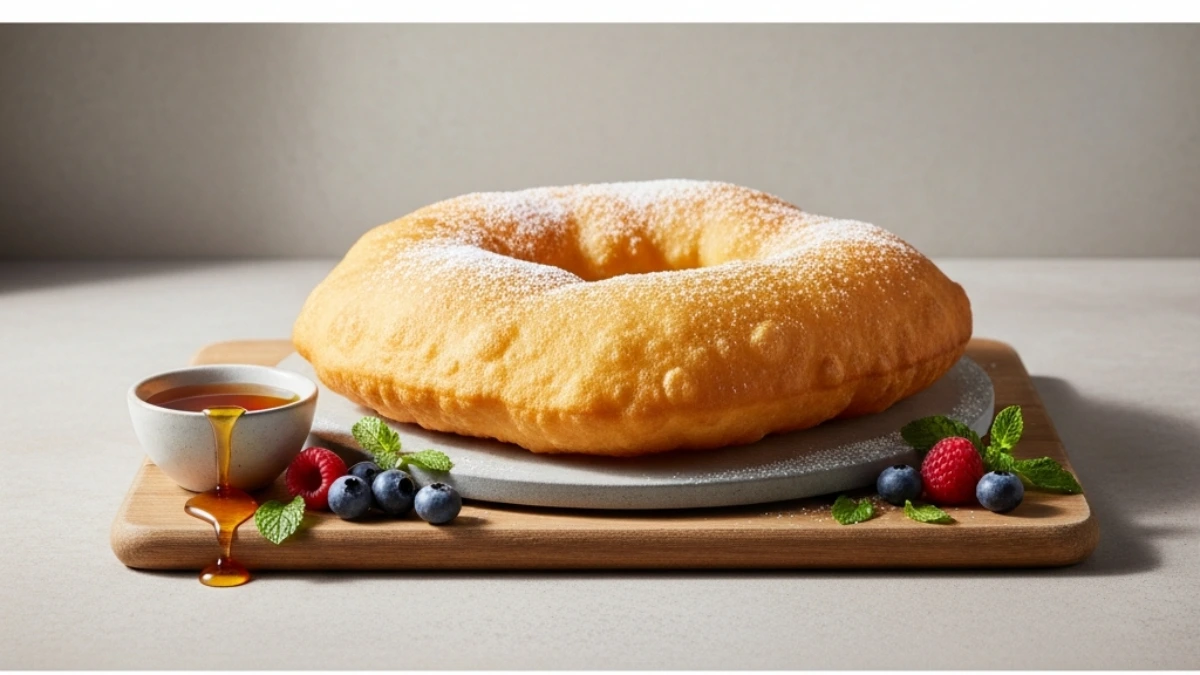 Golden Navajo fry bread, shaped like a ring and dusted with powdered sugar, served on a wooden board with honey, fresh blueberries, raspberries, and mint leaves.