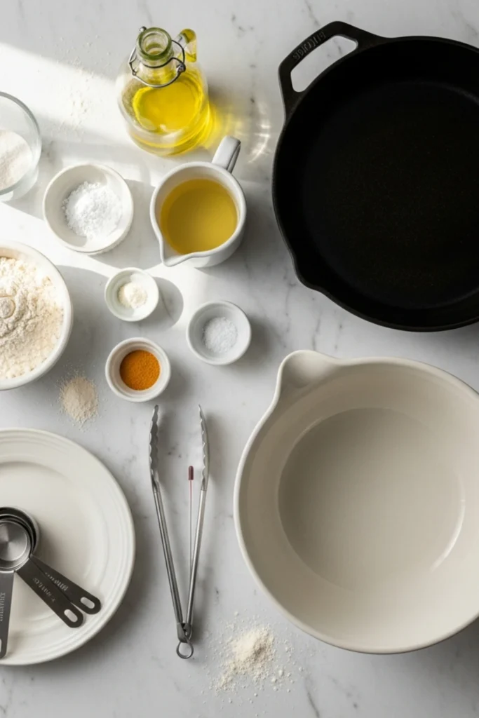 Navajo Fry Bread Recipe (Golden, Crispy & Ready in 30 Min) 1 Navajo fry bread ingredients & tools flat lay: flour, water, oil, baking powder, salt, mixing bowl, skillet, measuring cups on marble.
