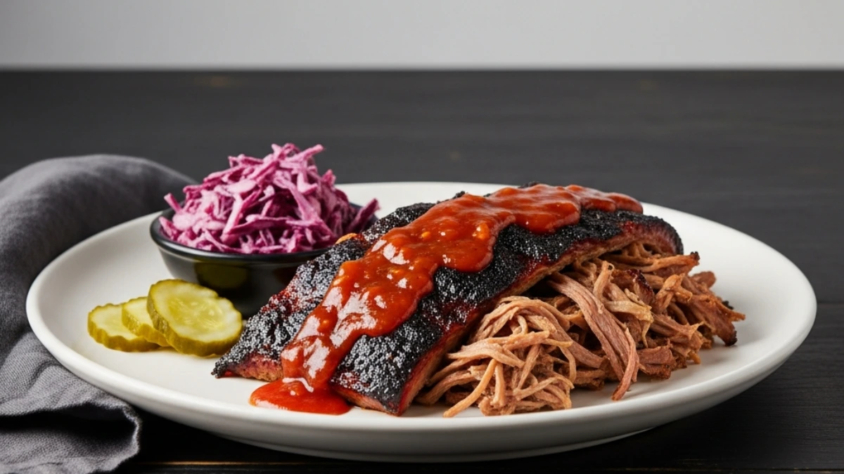 Lexington-style BBQ platter featuring sliced brisket, pulled pork, tomato-vinegar sauce, creamy coleslaw, baked beans, and crisp hushpuppies.