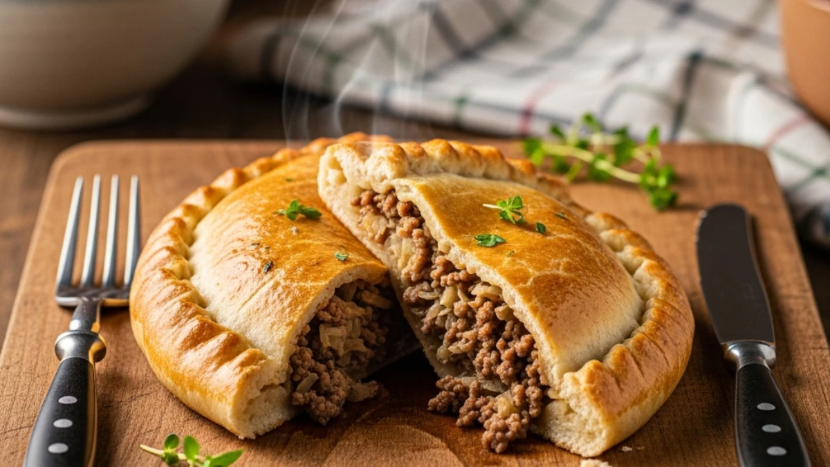 Steaming, golden brown Runza (beef and cabbage pocket sandwich) cut open on a rustic wooden board, flanked by a fork and knife.