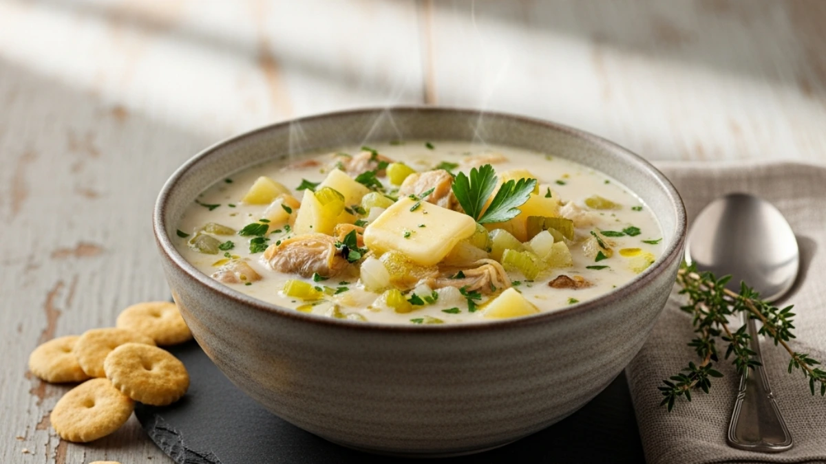 Steaming New England clam chowder with clams, potatoes, celery, and a pat of butter, served with oyster crackers on a rustic wooden table.