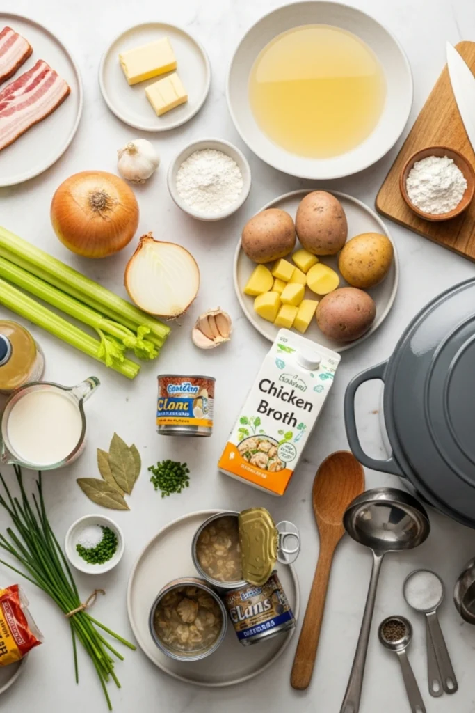 Creamy New England Clam Chowder Recipe Ready in 45 Minutes 1 Top-down flat lay of all ingredients for New England Clam Chowder on white marble: bacon, potatoes, clams, cream, milk, vegetables, spices, and cooking tools.