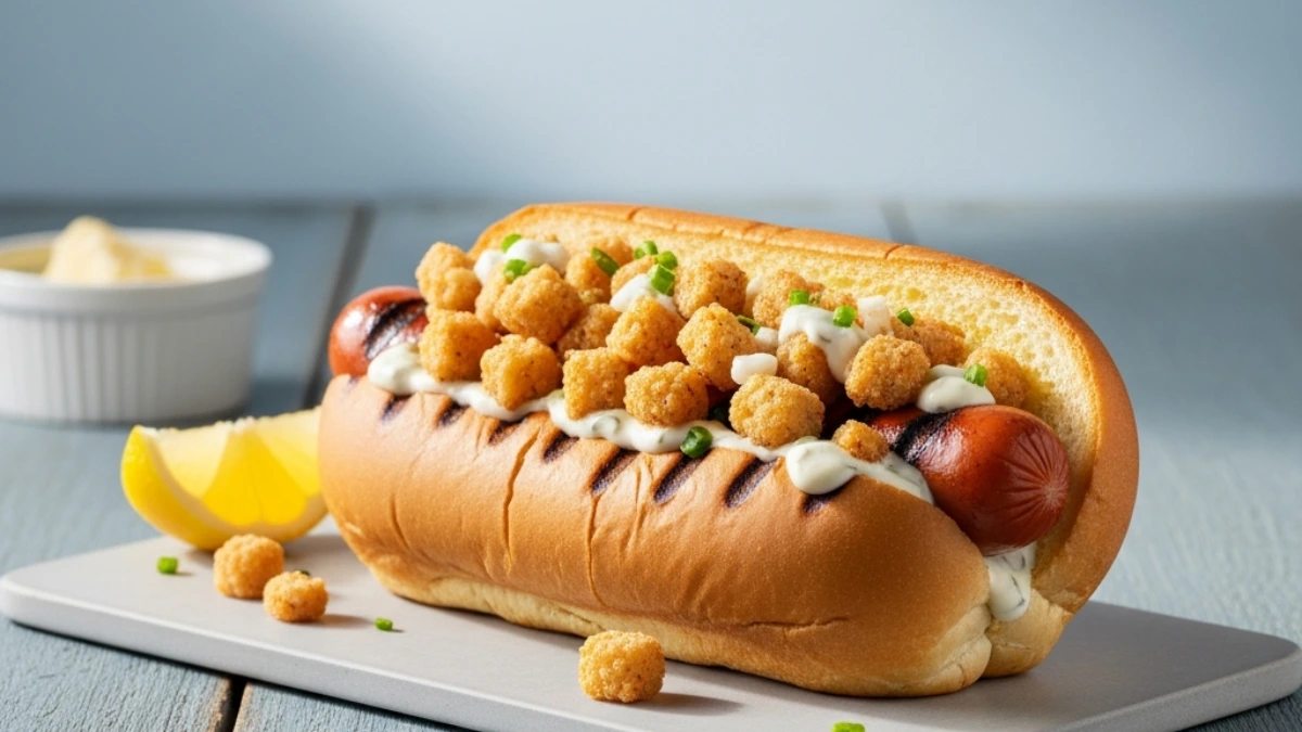 Grilled New England hot dog in a buttered split-top bun, topped with crispy fried clams, creamy sauce, and chives, with a lemon.