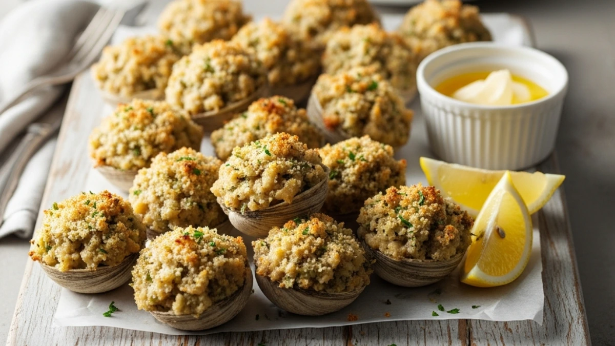A platter of baked New England Stuffies (stuffed quahogs) topped with golden breadcrumbs, served with lemon wedges and melted butter on a wooden board.