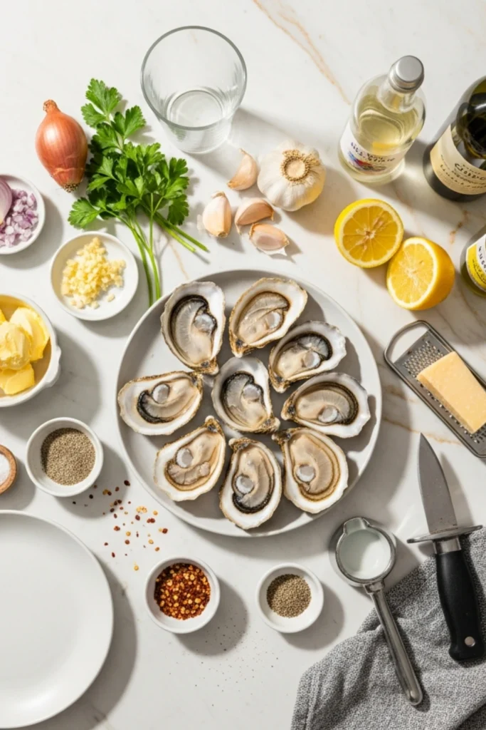 Buttery Baked Pacific Oysters Recipe Ready in 20 Min 1 Freshly shucked Pacific oysters served on beds of crushed ice with mignonette sauce, lemon wedges, and white wine pairing.