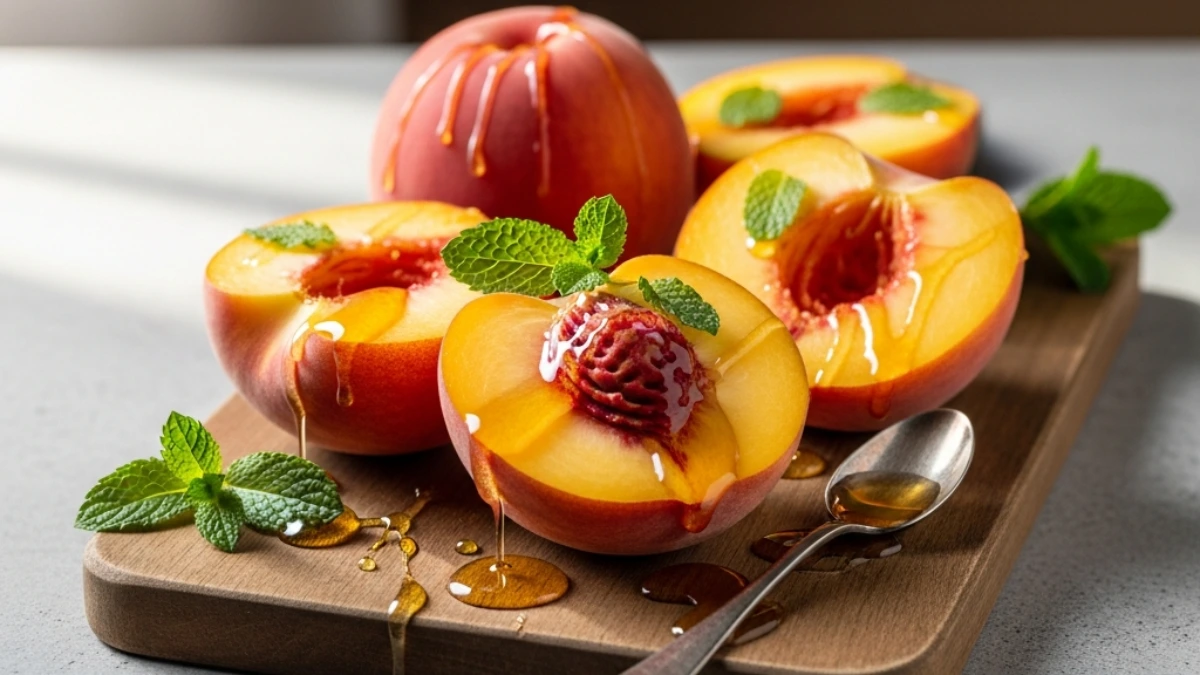 Halved Palisade peaches drizzled with golden honey and garnished with fresh mint on a wooden board, showcasing a sweet summer treat.