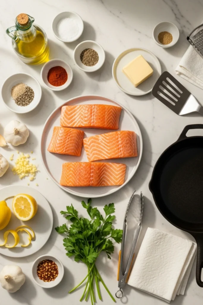 Crispy Pan-Seared Salmon Recipe Ready in 20 Minutes 1 Flat lay showing ingredients & tools for pan-seared salmon with lemon garlic butter sauce on marble. Includes salmon, lemon, garlic, butter, spices, cast iron skillet, and spatulas.