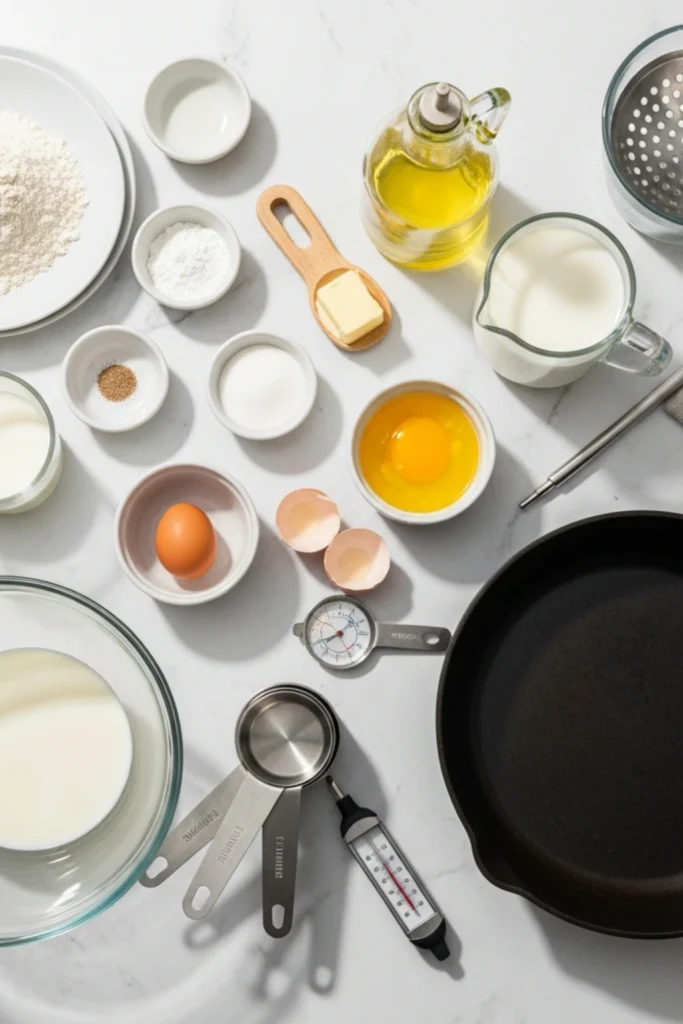 Fluffy Fried Scones Recipe – Golden & Ready in 30 Min 1 Overhead flat lay of pancake ingredients and kitchen tools on a white marble countertop. Features flour, sugar, eggs, milk, butter, oil, baking powder, salt, mixing bowl, skillet, measuring cups, and thermometers, all neatly arranged with soft shadows.
