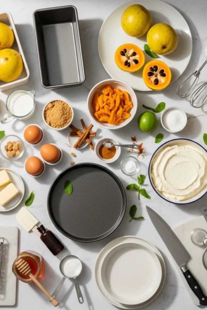 Easy Pawpaw Fruit Recipes Creamy, Tropical Dishes Ready in 30 Min 1 Flat lay of vibrant pawpaws, bananas, lemon, baking ingredients (flour, sugars, cream), spices, and kitchen tools on a white marble countertop with mint.