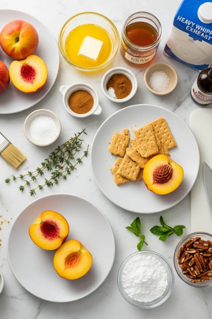 Juicy Grilled Palisade Peach Recipe Ready in 20 Min 1 Top-down flat lay of fresh Palisade peaches, melted butter, honey, cream, pecans, and spices on a white marble countertop.