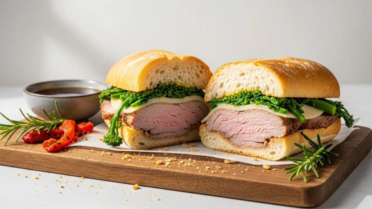 Philadelphia roast pork sandwich on a crusty roll with provolone cheese and sautéed broccoli rabe, served with au jus dip.