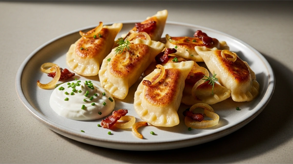 Golden fried Pittsburgh pierogies served on a plate with crispy bacon bits, caramelized onions, fresh dill, and a side of sour cream with chives.