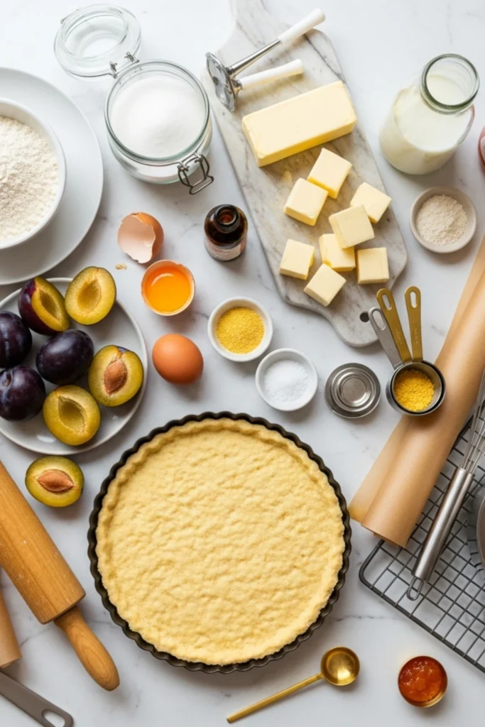 Buttery Easy Kuchen Recipe (German Cake) Ready in 90 Min 1 Plum Kuchen baking ingredients & tools artfully arranged on a white marble counter. Features flour, butter, eggs, fresh plums, and a tart pan.