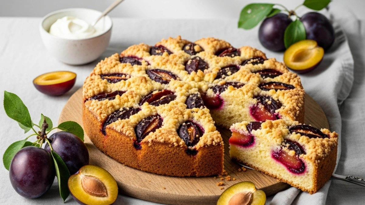 Delicious plum crumb cake (Kuchen) with a slice cut, revealing juicy plums. Served on a wooden board with fresh plums and a bowl of cream.