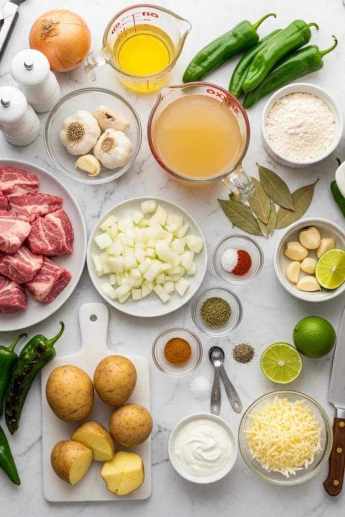 Smoky Green Chili Recipe That'll Ruin Store-Bought Forever 1 Photorealistic flat lay overhead shot of raw ingredients for pork green chili recipe: pork shoulder, fresh Hatch chilies, spices, potatoes, and cooking tools on white marble.