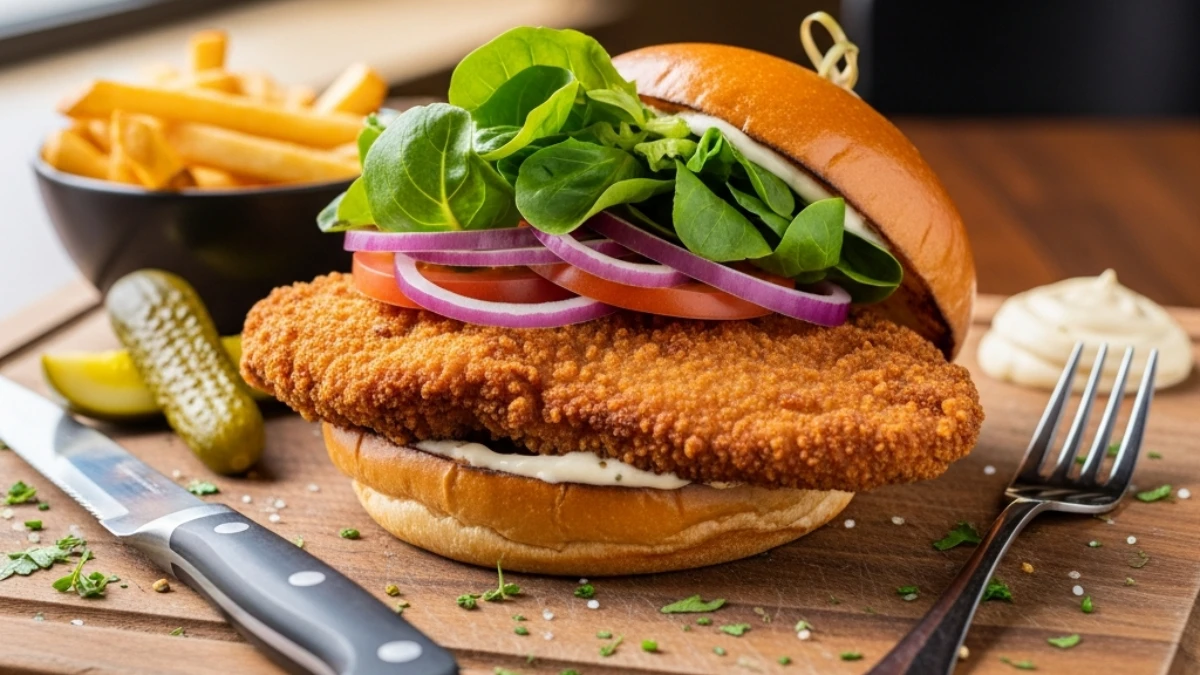Crispy breaded pork tenderloin sandwich served on a bun with fresh lettuce, tomato, and onion, accompanied by fries, pickle, and aioli on a wooden board.