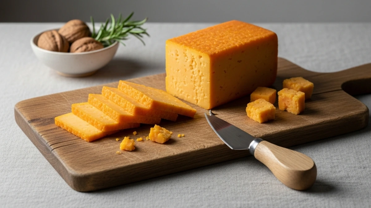 Block of sharp orange cheddar cheese sliced on a wooden board with a cheese knife, walnuts, and rosemary for a perfect cheese platter setup.