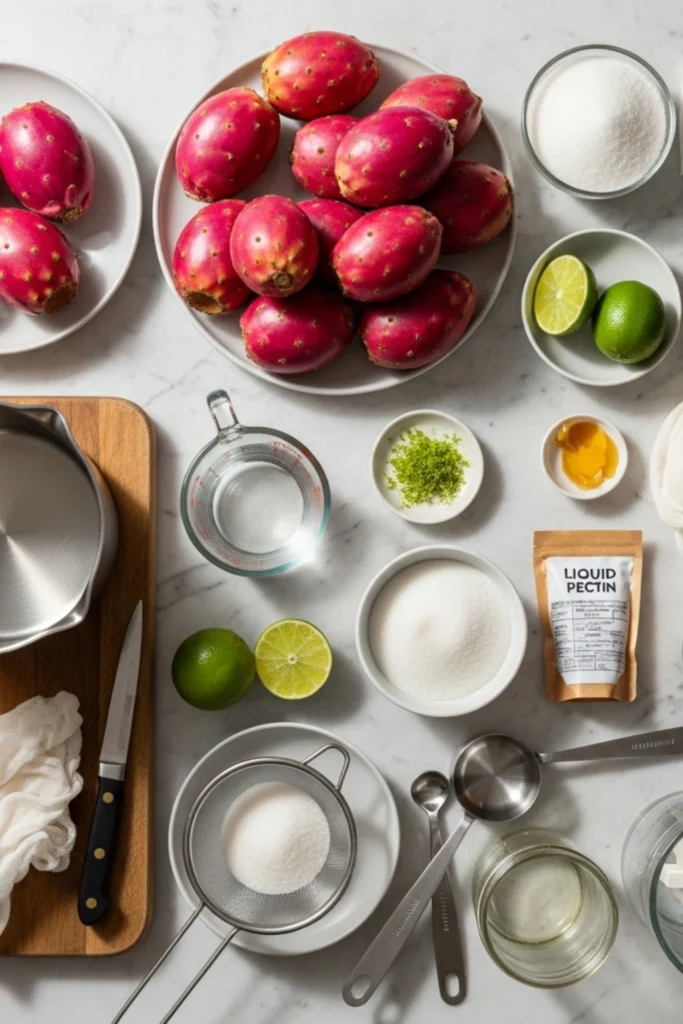 Easy Prickly Pear Recipe: Syrup, Jam & Agua Fresca in 30 Min 1 Flat lay of prickly pear (tuna) syrup and jam recipe ingredients: magenta fruit, sugar, limes, pectin, saucepan, and tools on a white marble countertop.
