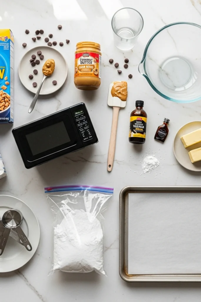 This Old-Fashioned Sour Cream Raisin Pie Is Weirdly Addictive 1 Top-down flat lay of Puppy Chow (Muddy Buddies) ingredients and tools on a white marble counter. Includes Rice Chex, chocolate, peanut butter, butter, vanilla, powdered sugar, mixing bowl, microwave, and baking sheet.