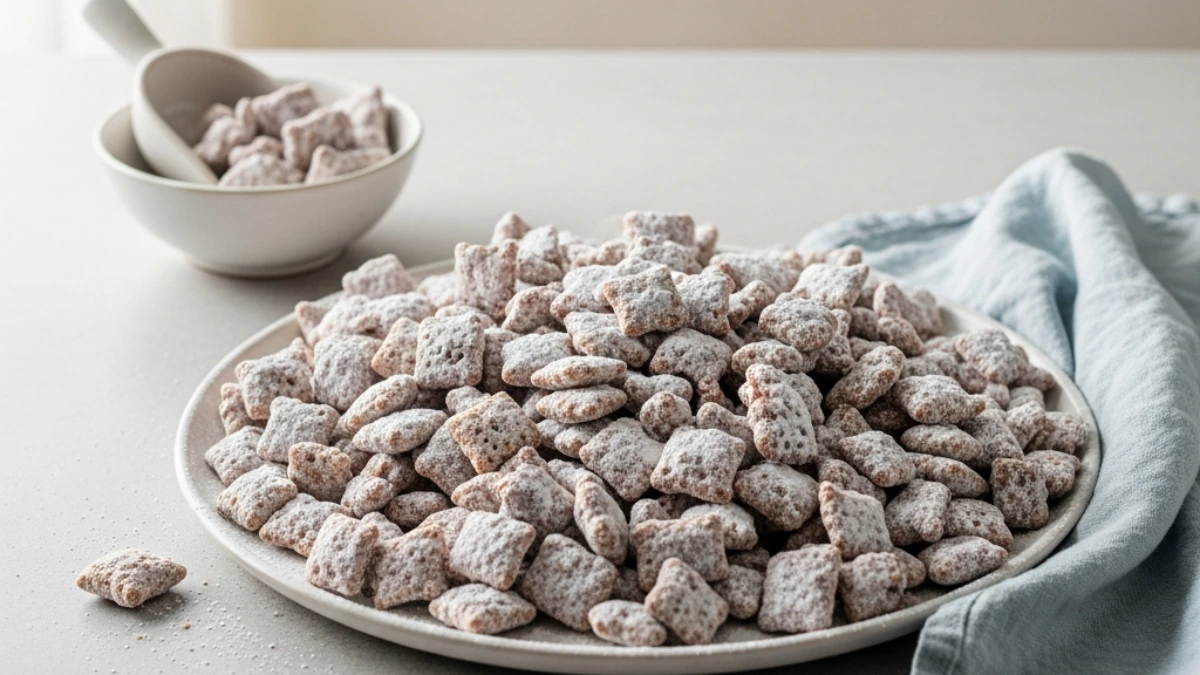 A generous platter of homemade puppy chow (muddy buddies) coated in powdered sugar, with a bowl & scoop in the background, on a light counter.
