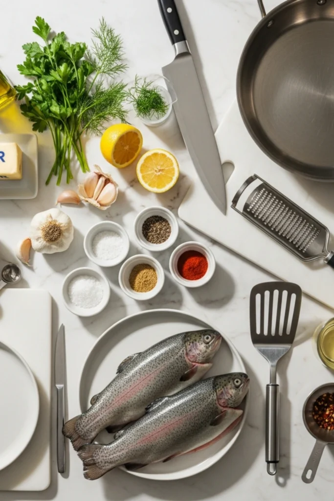 Crispy Pan Seared Trout Recipe Ready in Under 20 Min 1 Flat lay of raw rainbow trout fillets surrounded by fresh herbs, lemon, spices, olive oil, butter, and cooking tools like a skillet and knife on a white marble counter.