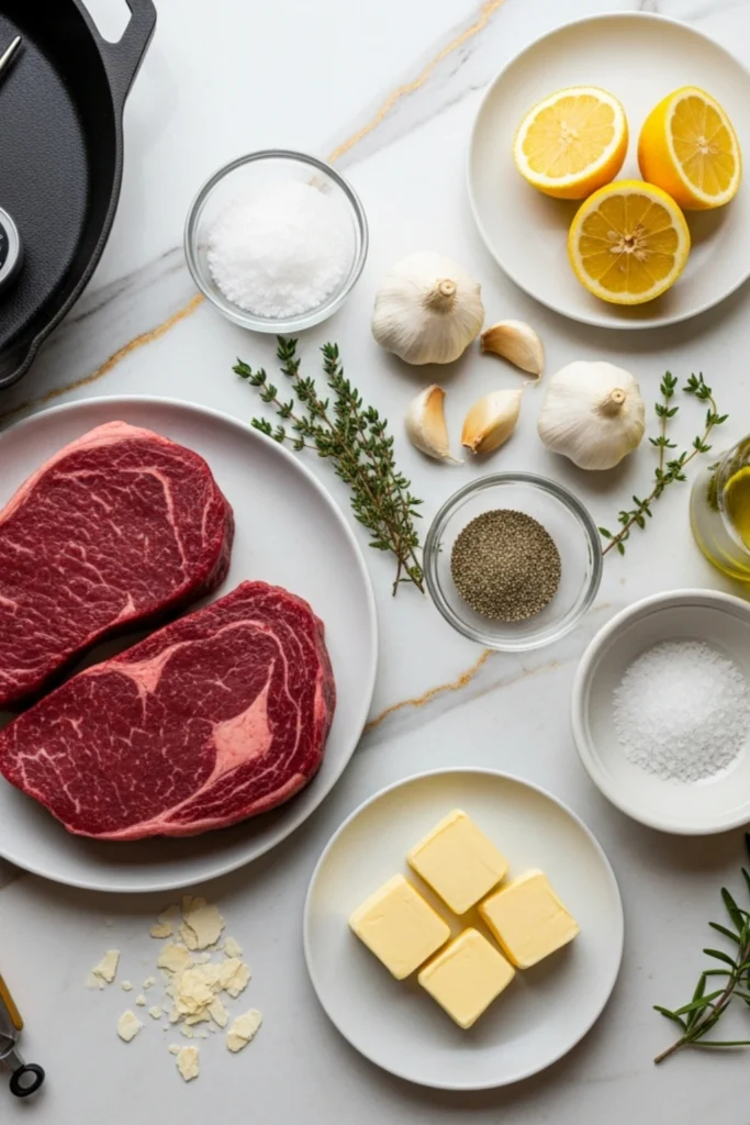 Tender Bison Steak Recipe That Won't Turn Out Tough 1 Photorealistic top-down view of raw bison ribeye steaks, garlic, butter, thyme, and seasonings on marble countertop, ready for searing in cast iron skillet.