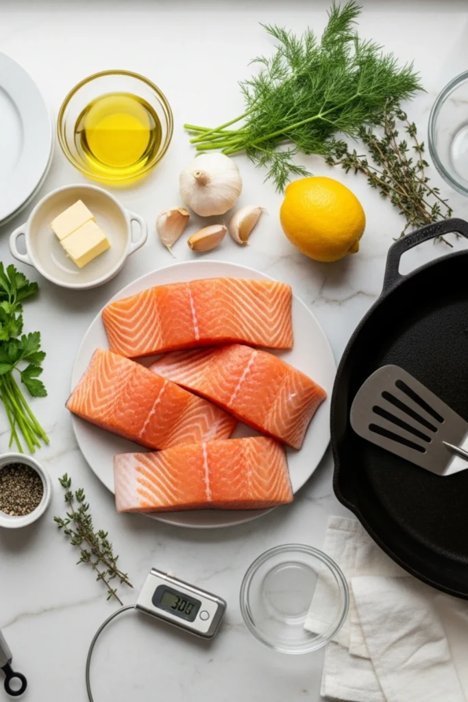 Buttery Pan-Seared Salmon Recipe in 25 Minutes 1 Raw salmon fillets, lemon, butter, olive oil, garlic, fresh dill, parsley, and thyme arranged on a marble counter with a cast iron skillet.