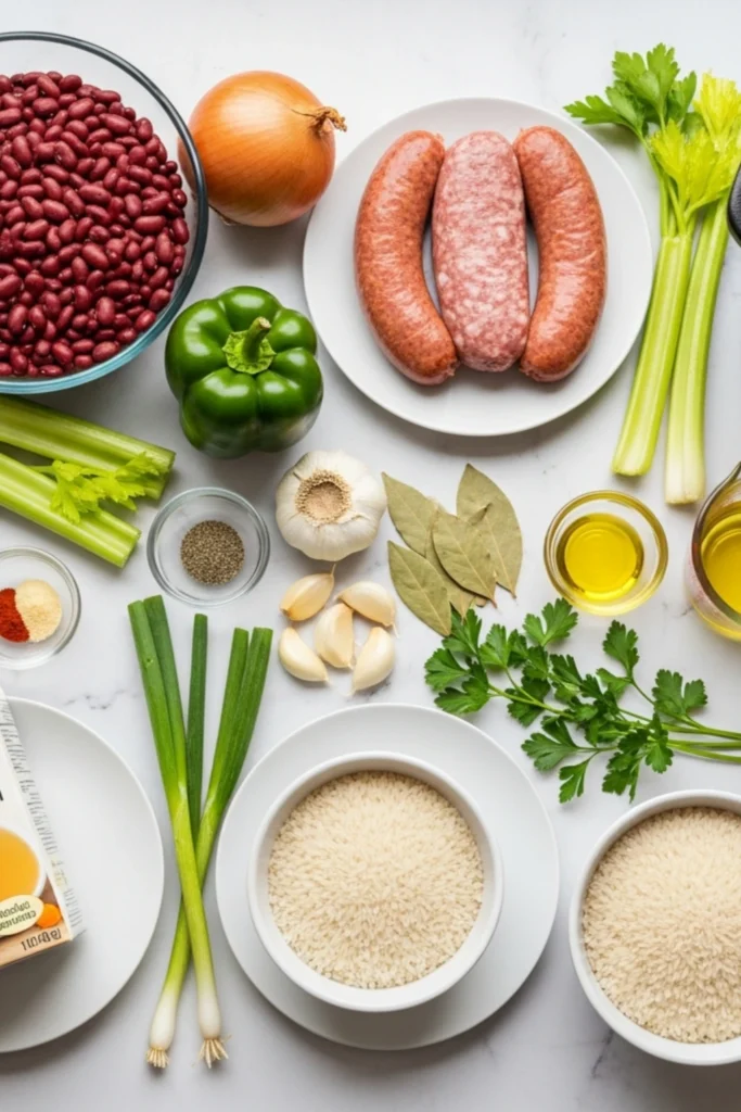 Smoky Red Beans and Rice Recipe in Just 2 Hours 1 Red beans and rice recipe ingredients mise en place: kidney beans, andouille sausage, celery, onion, bell pepper, rice, and spices on white marble.