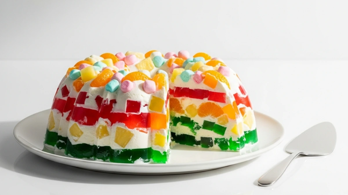 Brightly colored stained glass Jell-O cake, layered with creamy white filling and fruit pieces, served whole on a white platter.