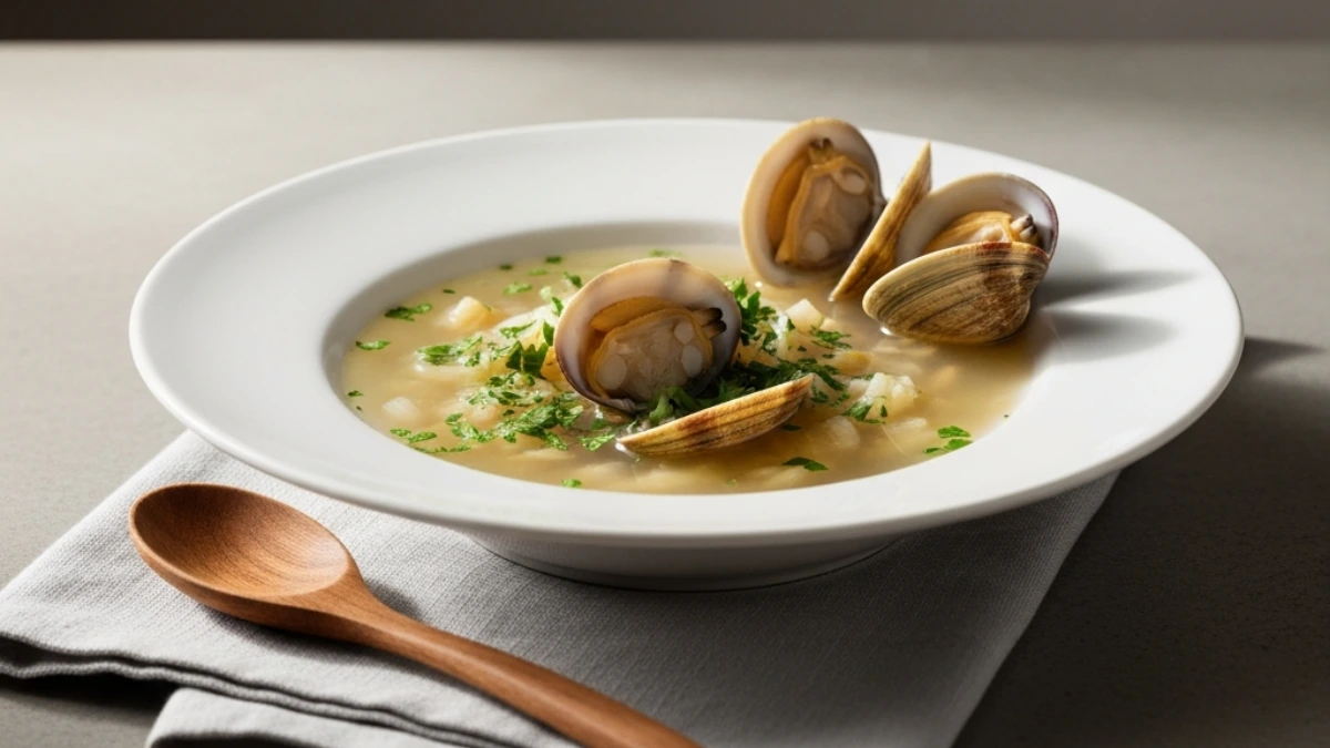 Rhode Island clear broth clam chowder served in a white bowl with whole clams, potatoes, and parsley garnish, resting beside a wooden spoon.