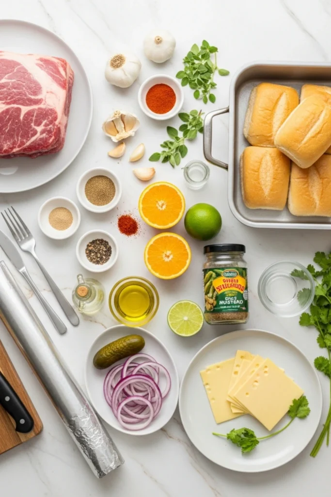 Tender Roast Pork Sandwich Recipe Ready in Under 4 Hours 1 Flat lay of roast pork shoulder, Cuban rolls, Swiss cheese, pickles, citrus, and spices for a slow-roasted pork sandwich recipe on marble.