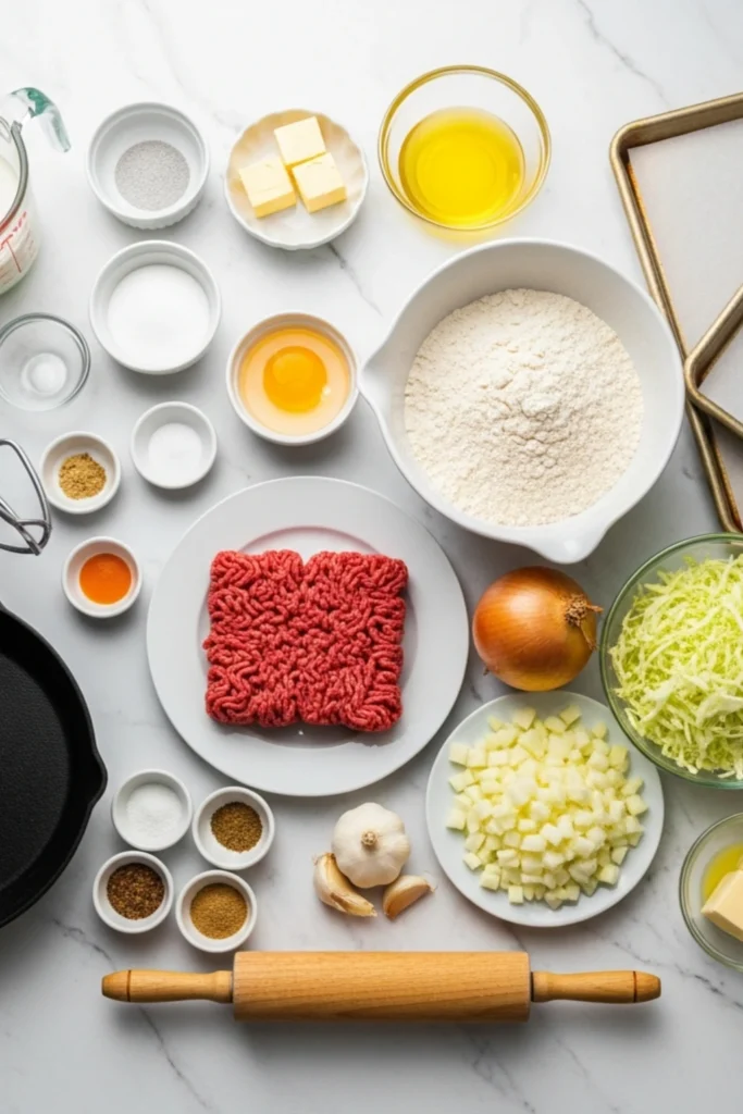 Easy Runza Recipe (Nebraska's Beef & Cabbage Pocket) 1 Ingredients and tools for traditional Nebraska Runza (bierocks) recipe, including beef, cabbage, yeast dough, spices, and flour.