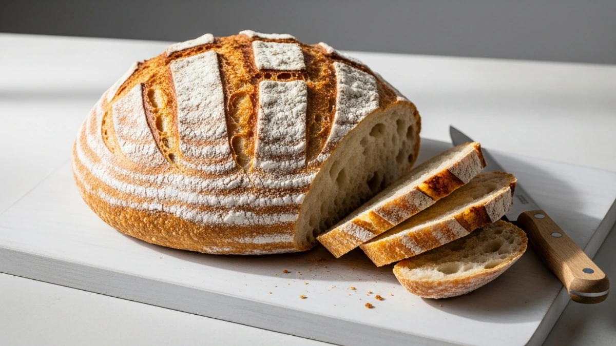 Rustic loaf of San Francisco sourdough bread, dusted with flour, partially sliced on a white cutting board with a knife.