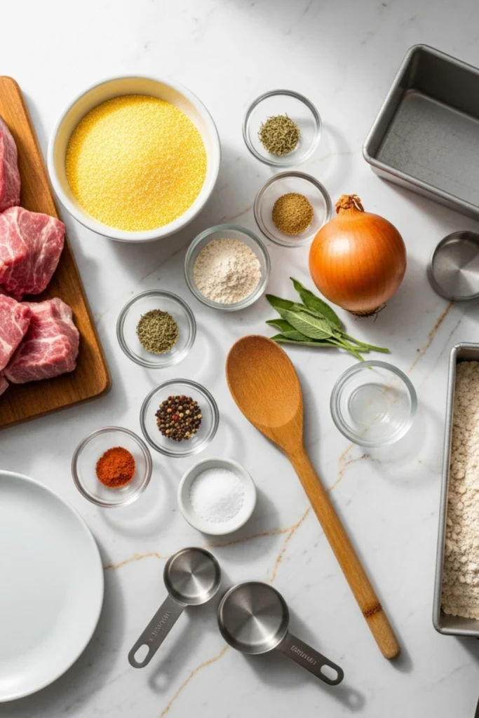 Crispy Homemade Scrapple Recipe (Pennsylvania Dutch Style) 1 Photorealistic flat lay of scrapple ingredients: raw pork shoulder, cornmeal, buckwheat flour, onion, and spices on white marble countertop.