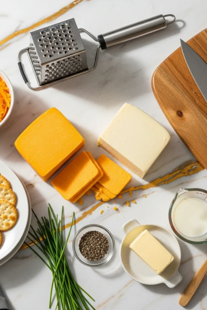 Crispy Homemade Cheddar Cheese Crisps Recipe in 15 Min 1 Top-down flat lay showing orange and white sharp cheddar cheese blocks, shredded cheese, milk, butter, chives, and grater on a gold marble surface.