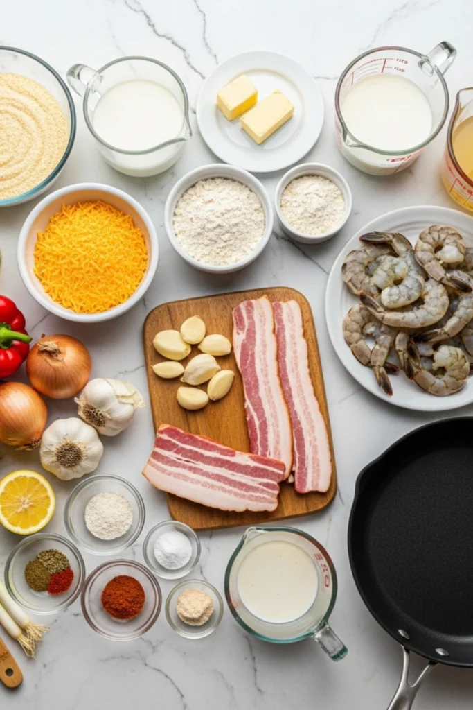 Creamy Southern Shrimp and Grits Recipe in 30 Min 1 Overhead shot of all ingredients for creamy shrimp and grits: raw shrimp, stone-ground grits, cheese, bacon, milk, spices, and vegetables.