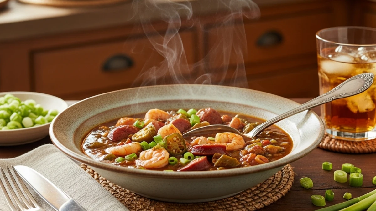 Steaming Louisiana Gumbo bowl featuring shrimp, sliced andouille sausage, and okra, garnished with green onions on a rustic wooden table setting.